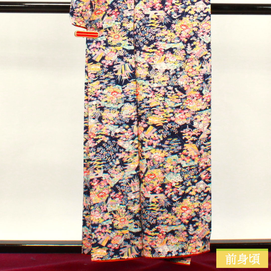 小紋 正絹 身丈157cm 裄丈64cm 袷 紺桔梗色 草花模様 茶屋辻 Sランク 紺系 1115003632318