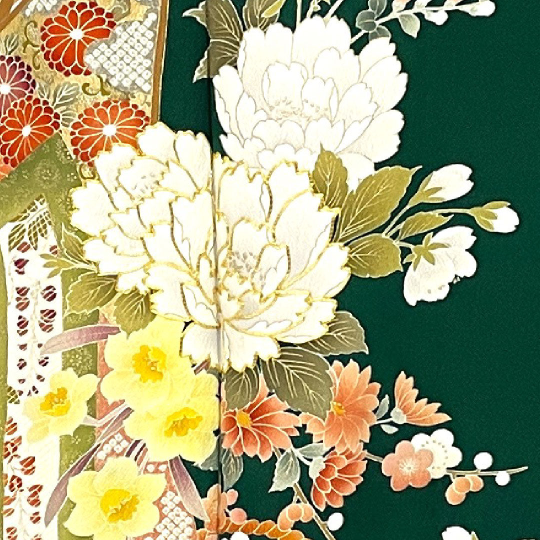 振袖 身丈165cm 裄丈65cm 袷 御所車に枝花模様 正絹 Sランク 緑系 1113000502519