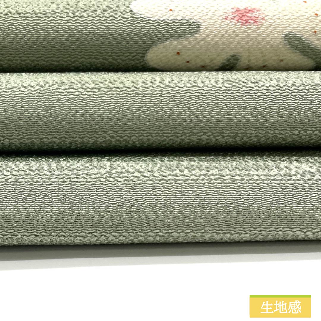 名古屋帯 裏葉色(うらはいろ) ちりめん地 染め帯 雪月花 帯丈364cm 正絹 Sランク ポイント柄 カジュアル 緑系 1124007042319 松葉仕立て