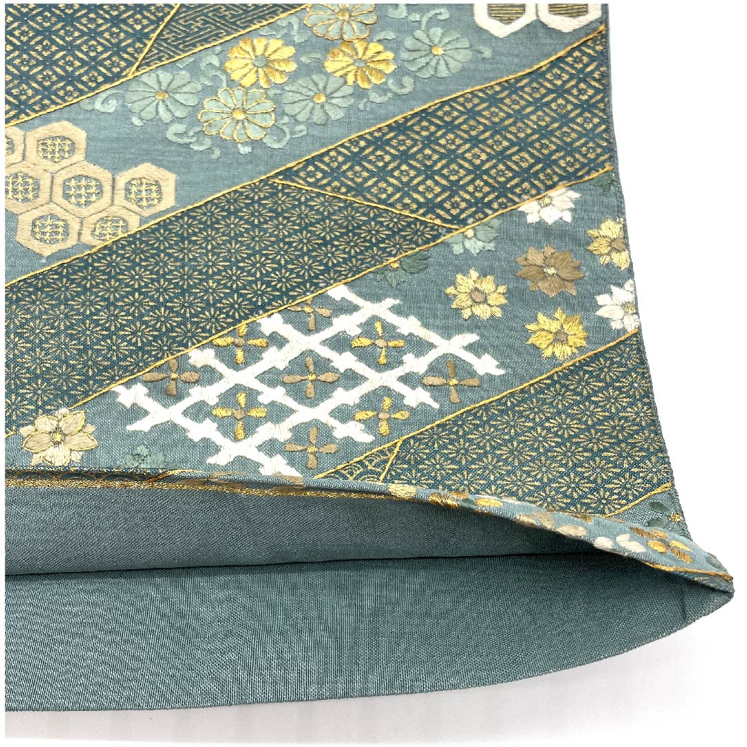 袋帯 藍砥茶色(あいとのちゃいろ) 刺繍 吉祥文様 宝巻 花唐草 帯丈430cm 正絹 Sランク 六通 フォーマル 緑系 1123008142319