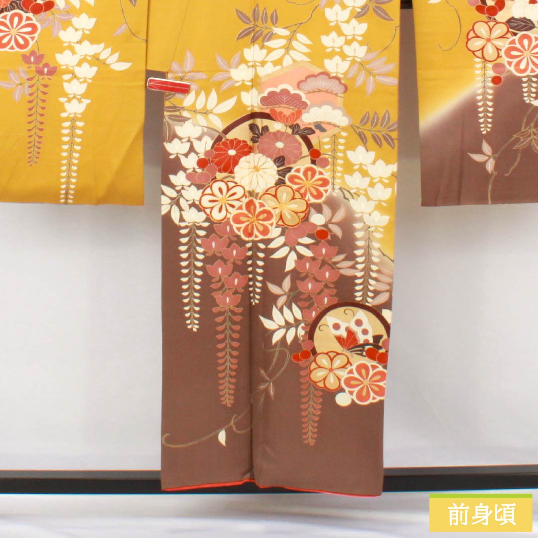 Silk Furisode, A Rank, Length 156.5cm, Sleeve-to-Sleeve 63cm, Lined, Ocher, Kyo-Yuzen, Auspicious Patterns, Plum, Wisteria, Butterfly, Yellow tones, 1113002573323