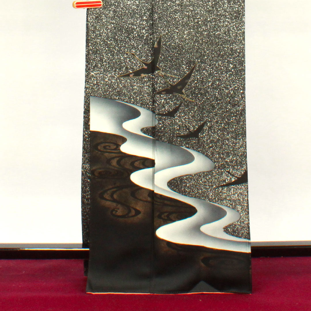 訪問着 袷 身丈165cm 裄丈65cm タタキ染 鶴 五三桐 正絹 Sランク 黒系 1112002592510