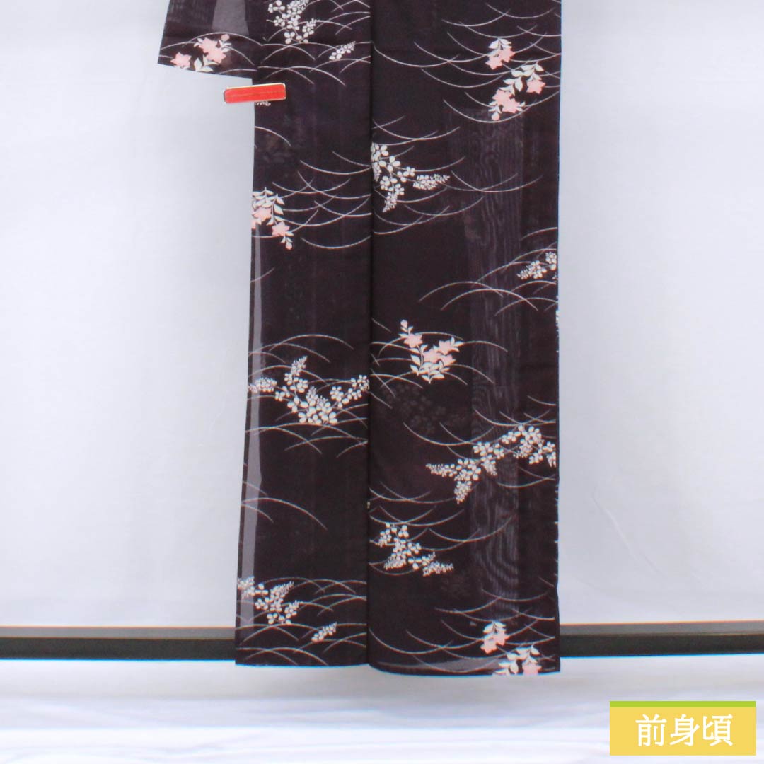 夏物 ポリエステル 小紋 身丈158cm 裄丈63cm 紫烏色(しうしょく) 露芝 草花 洗える着物 絽 Bランク 紫系 1132002044320