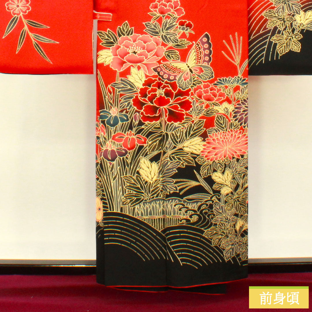 振袖 正絹 身丈158.5cm 裄丈63.5cm 袷 赤紅色 京紅型 吉祥文様 Aランク 赤系 1113001933312