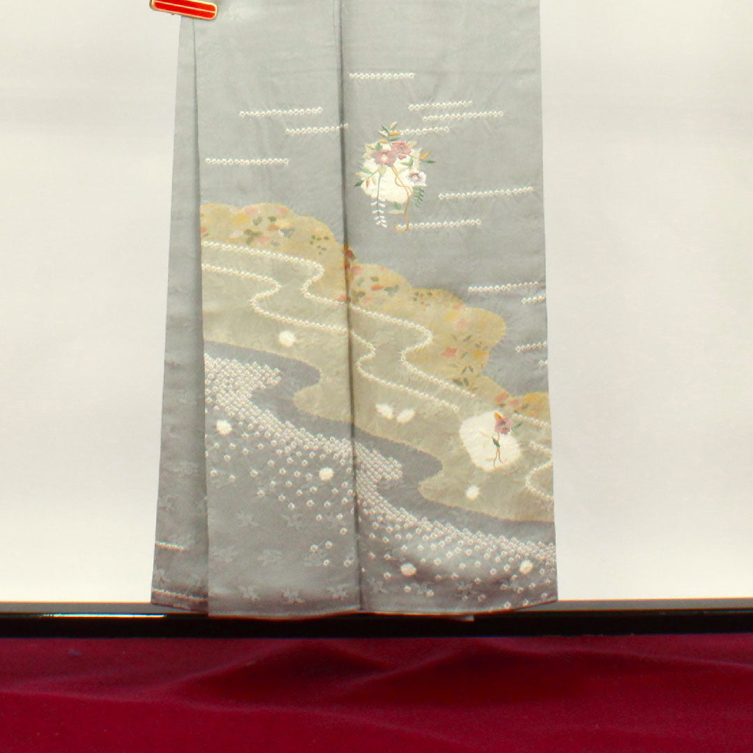 Homongi, pure silk, lined, length 152.5cm, sleeve length 62.5cm, cupronickel color, Kyo-Yuzen, tie-dye, embroidery, A rank, gray, 1112003033222