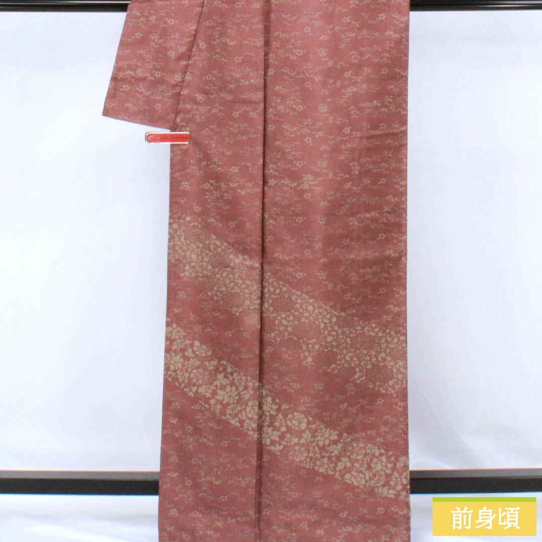訪問着 正絹 Aランク 袷 身丈164.5cm 裄丈65cm 小豆色(あずきいろ) 紬地 草花 茶系 1112006343414