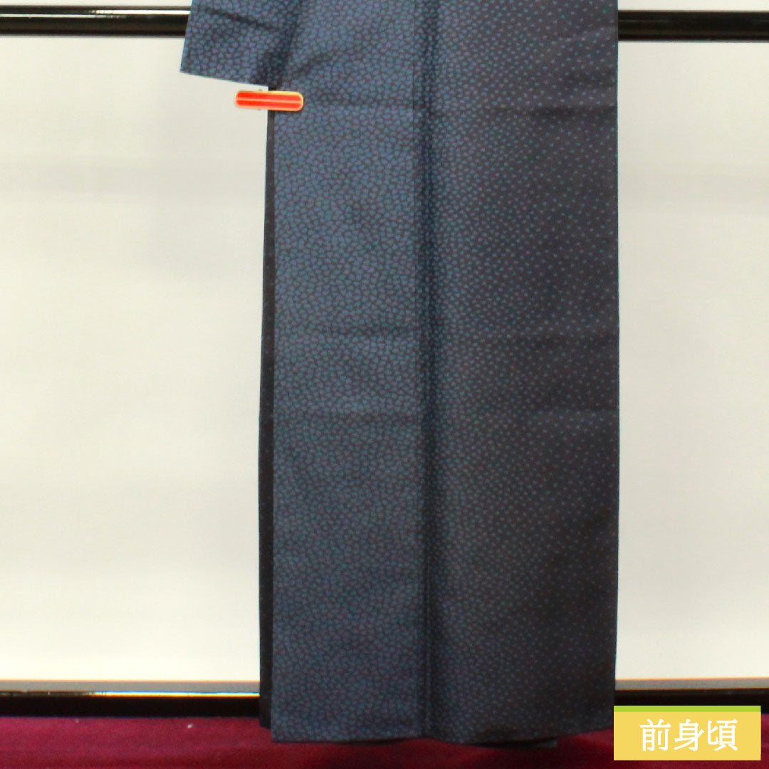 お召し 正絹 身丈157.5cm 裄丈61.5cm 菱屋六右衛門 風通お召 花びら Sランク 袷 紺系 1116003072318