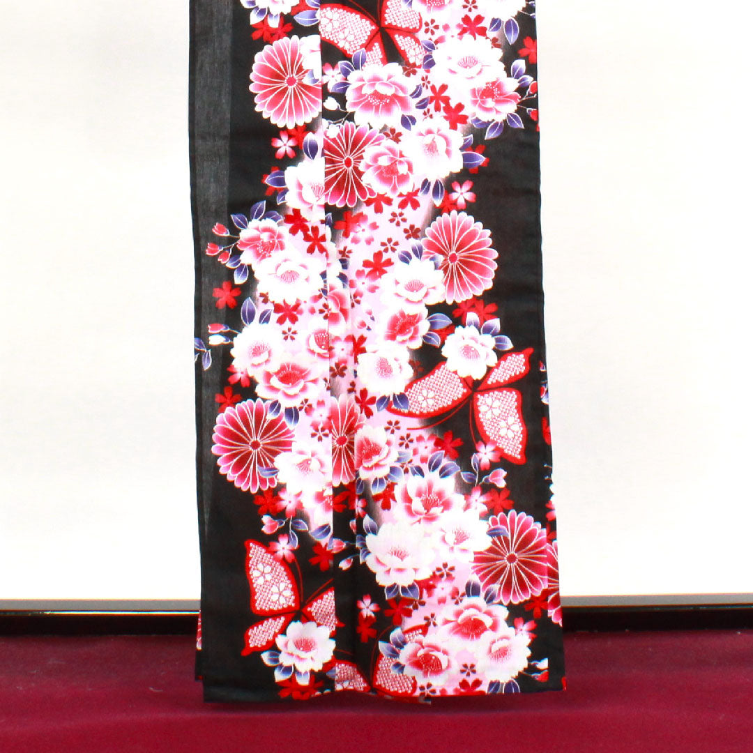 浴衣 菊 桜 蝶 木綿 Sランク 単衣 身丈163cm 裄丈64cm 黒系 1118001522410
