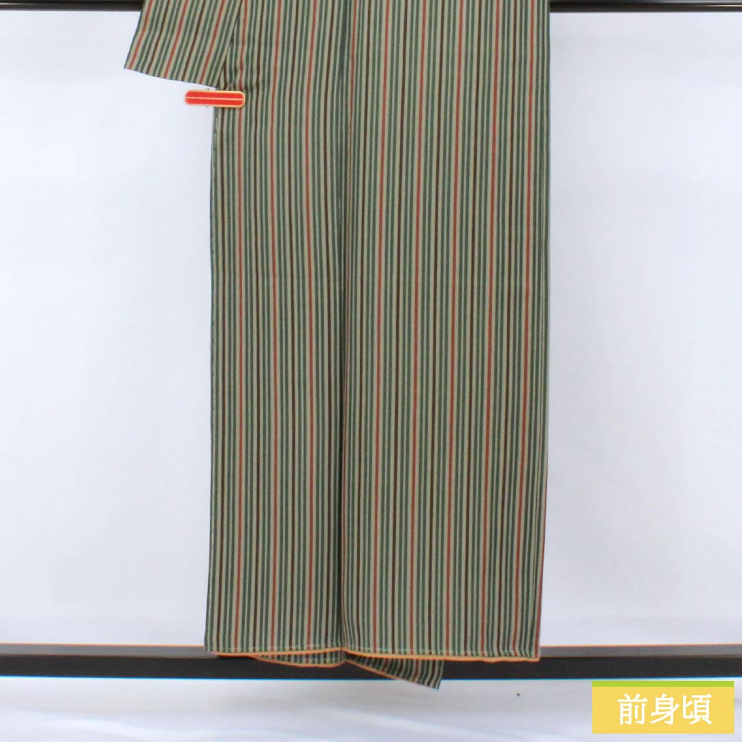 小紋 正絹 Sランク 身丈152cm 裄丈64.5cm 袷 利休鼠色(りきゅうねずみいろ) 縞 しつけ糸付き 緑系 1115007682219