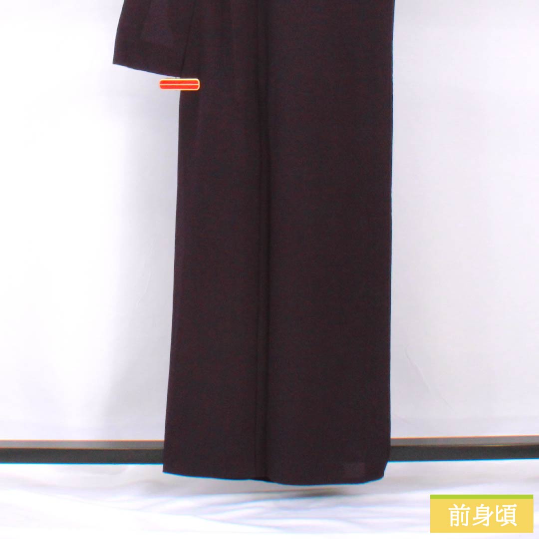 Solid-colored polyester kimono, length 158.5cm, sleeve length 64cm, purple-black (shikoku shoku), plain kimono with one crest and a shadow-swallowing butterfly design, S rank, purple, product number 1114002162320