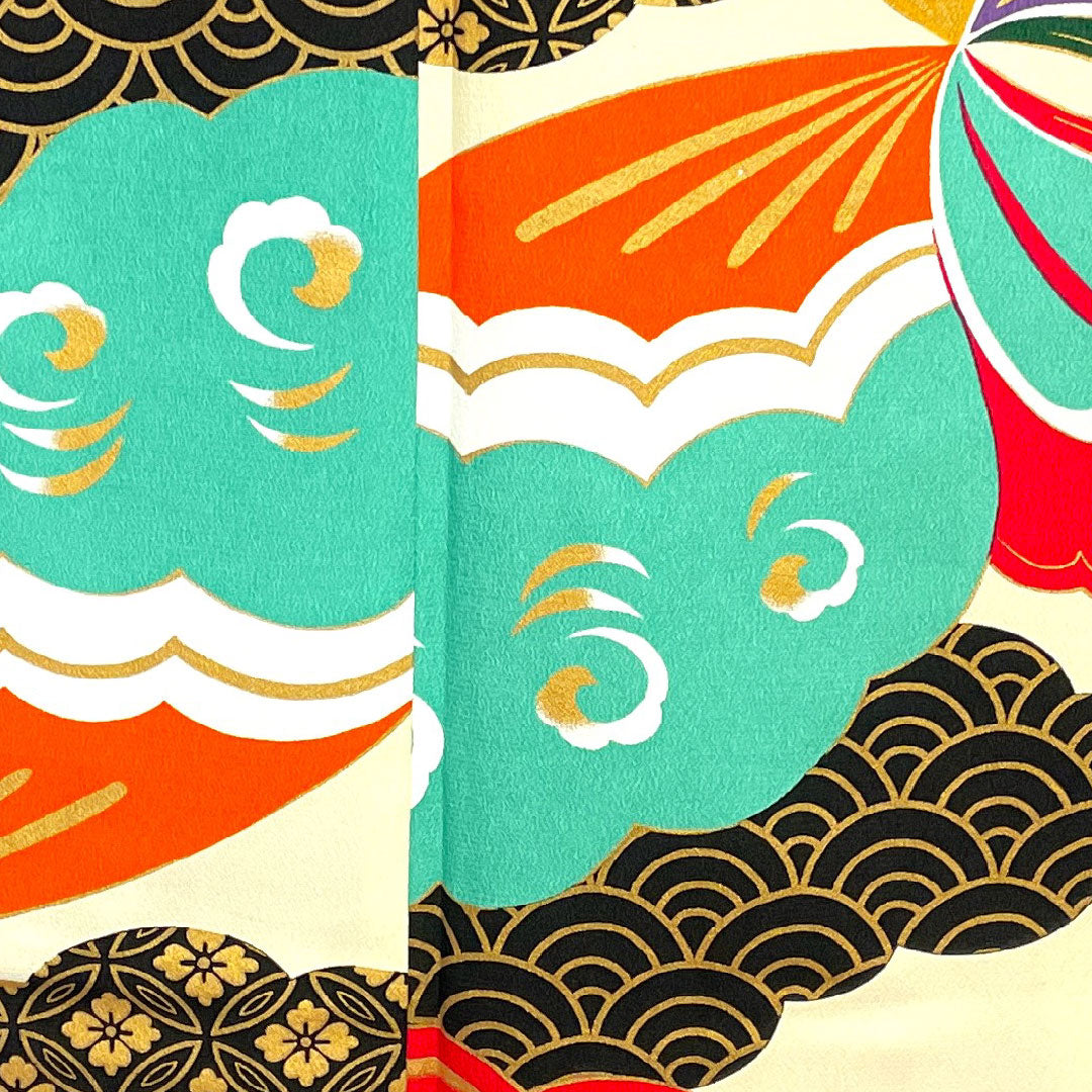 振袖 身丈170cm 裄丈67cm 袷 練色 洗える着物 蝶 青海波 七宝 ポリ Sランク クリーム系 1113001042615