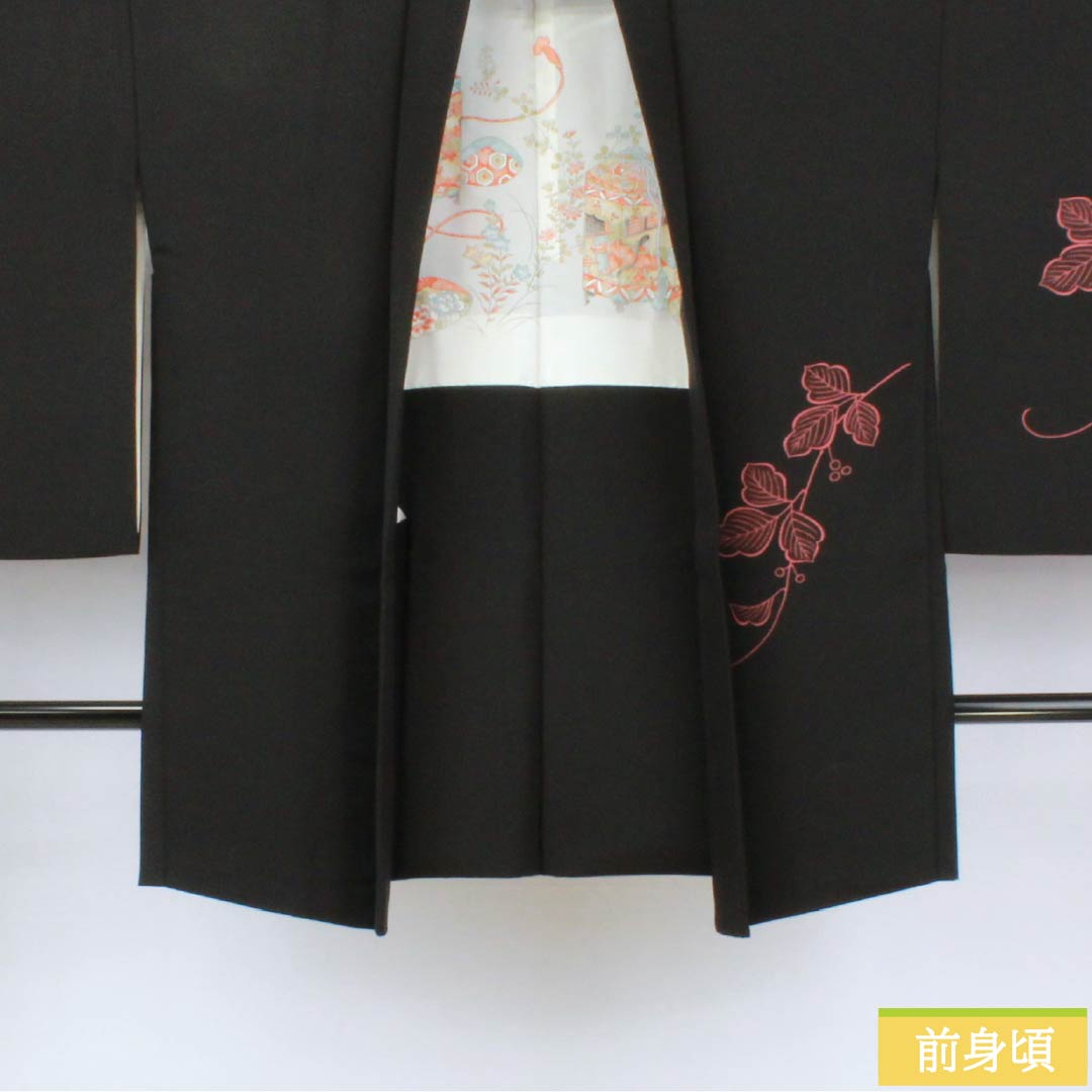 羽織 正絹 Sランク 身丈82cm 裄丈65cm 一つ紋 縫い紋 五三桐 蒲萄の葉 袷 黒系 1117001382910