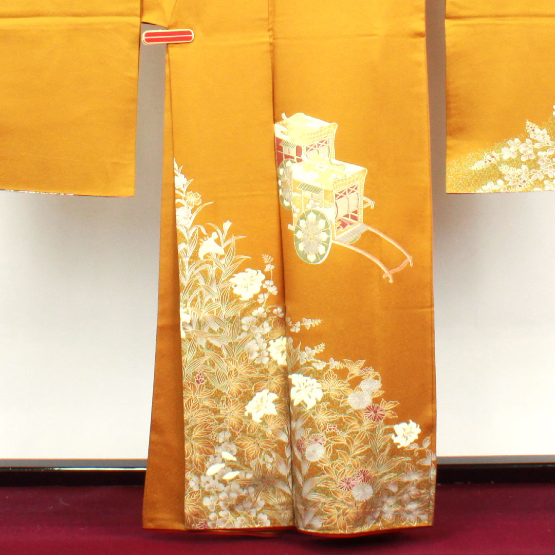 振袖 正絹 Sランク 身丈161cm 裄丈67cm 袷 黄茶色(きちゃいろ) 京友禅 御所車 草花模様 黄系 1113002352423