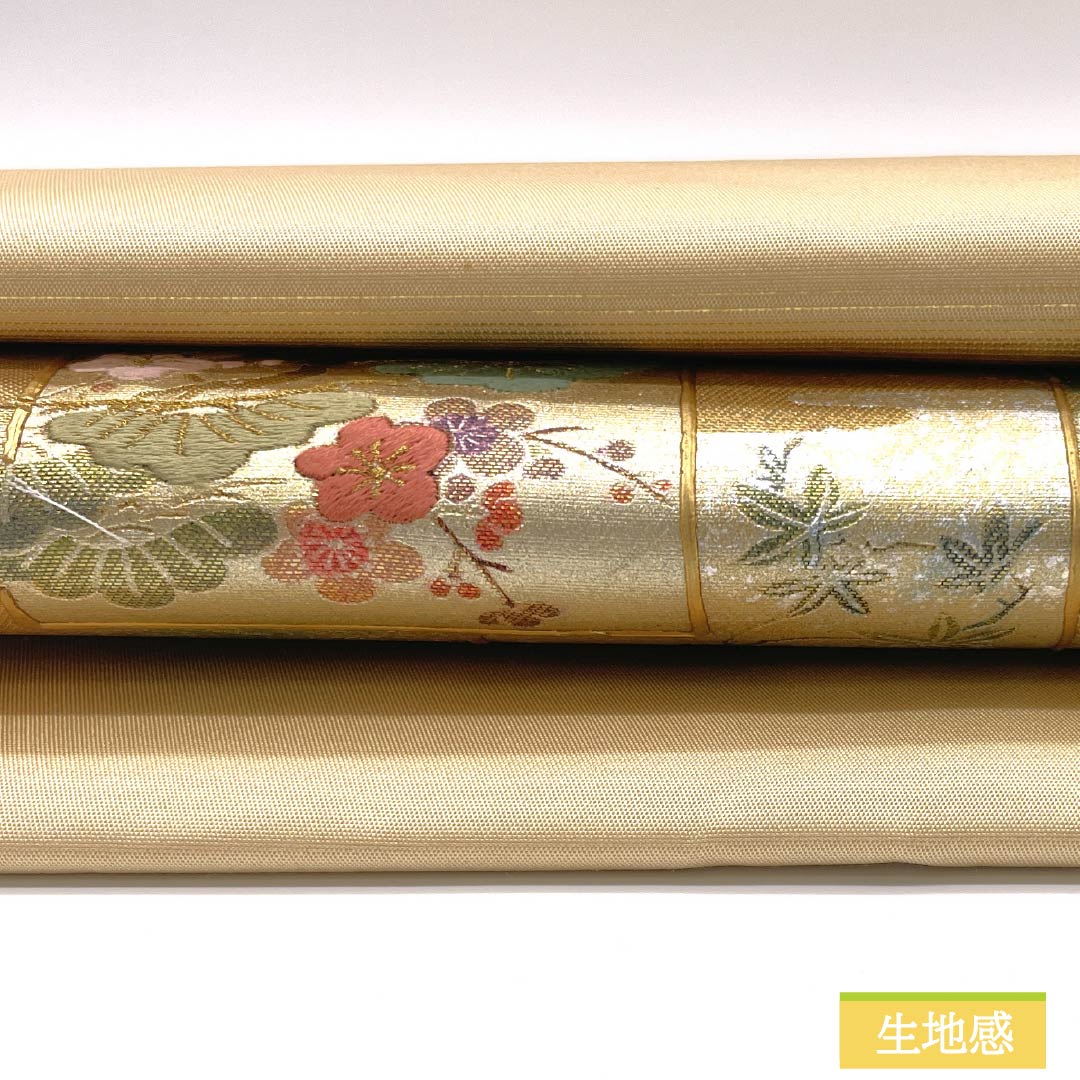 名古屋帯 刺繍 菊 桜 梅 帯丈360cm 正絹 Sランク ポイント柄 セミフォーマル 金系 1124008532321 名古屋仕立て