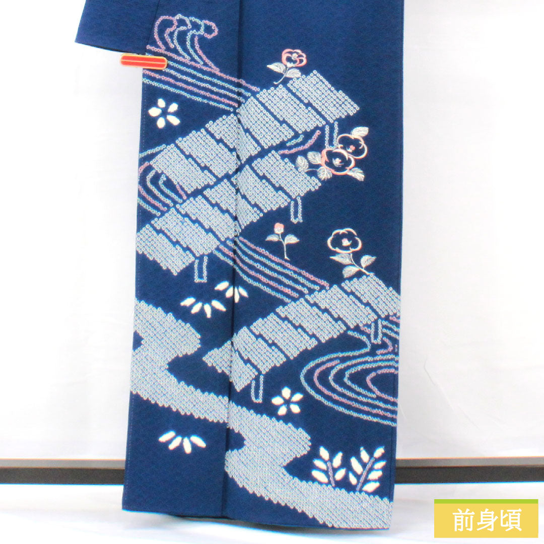 訪問着 正絹 袷 身丈160cm 裄丈66cm 紺瑠璃色(こんるりいろ) 部分絞り 抽象模様 Aランク 紺系 1112005663418