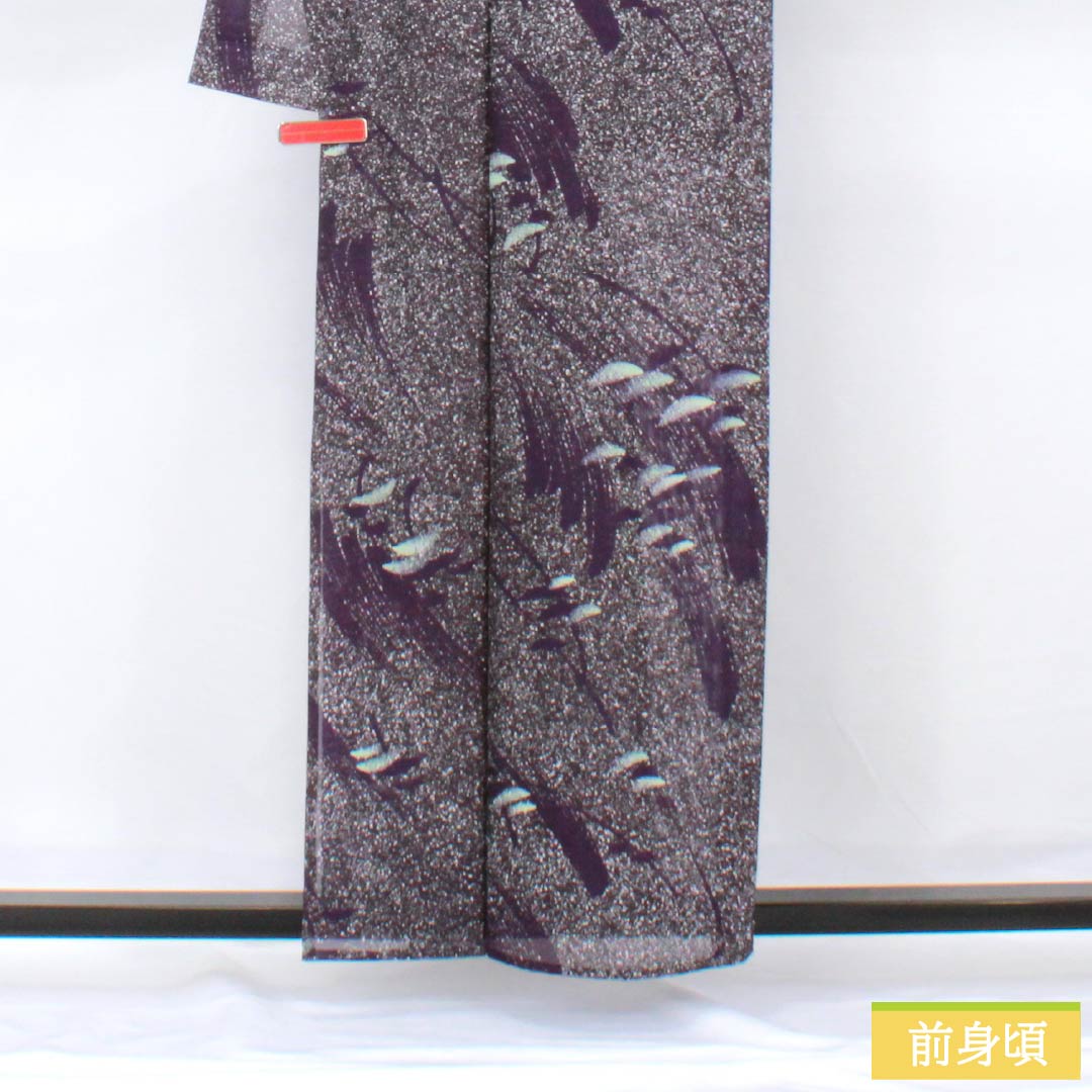 夏物 ポリエステル 小紋 身丈159cm 裄丈62.5cm 紫黒色(しこくしょく) 抽象模様 洗える着物 絽 Sランク 紫系 1132002212320