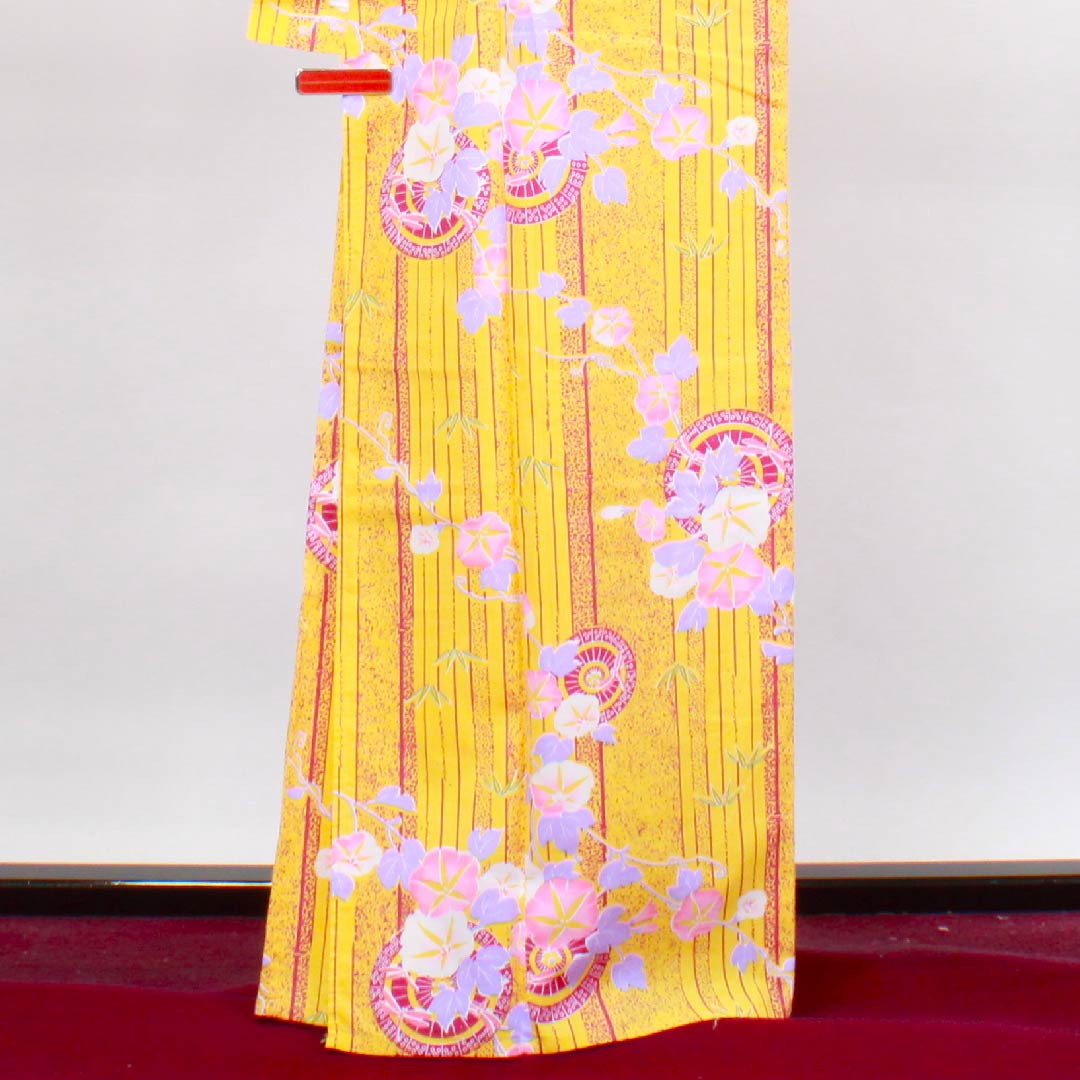 浴衣 卵色 朝顔 和傘 木綿 Sランク 単衣 身丈165cm 裄丈65cm 黄系 1118004022523