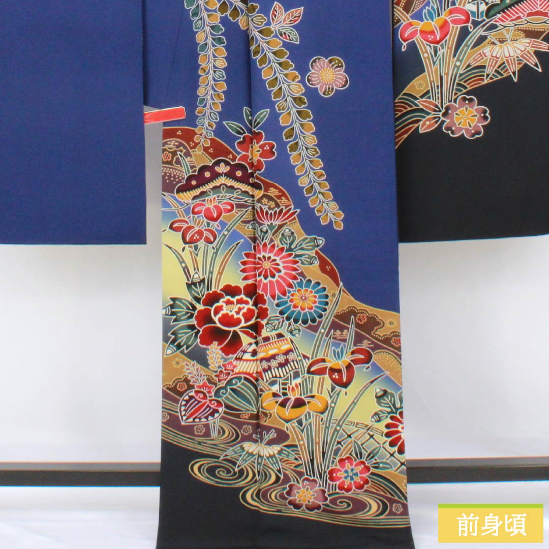 Kimono (Furisode) - Silk - Rank A - Length 170.5cm - Sleeve to neck 67cm - Lined - Bluish purple - Kyo-Bingata - Auspicious patterns - Pine, bamboo, plum blossoms, peonies, wisteria - Blue family - 1113002683617