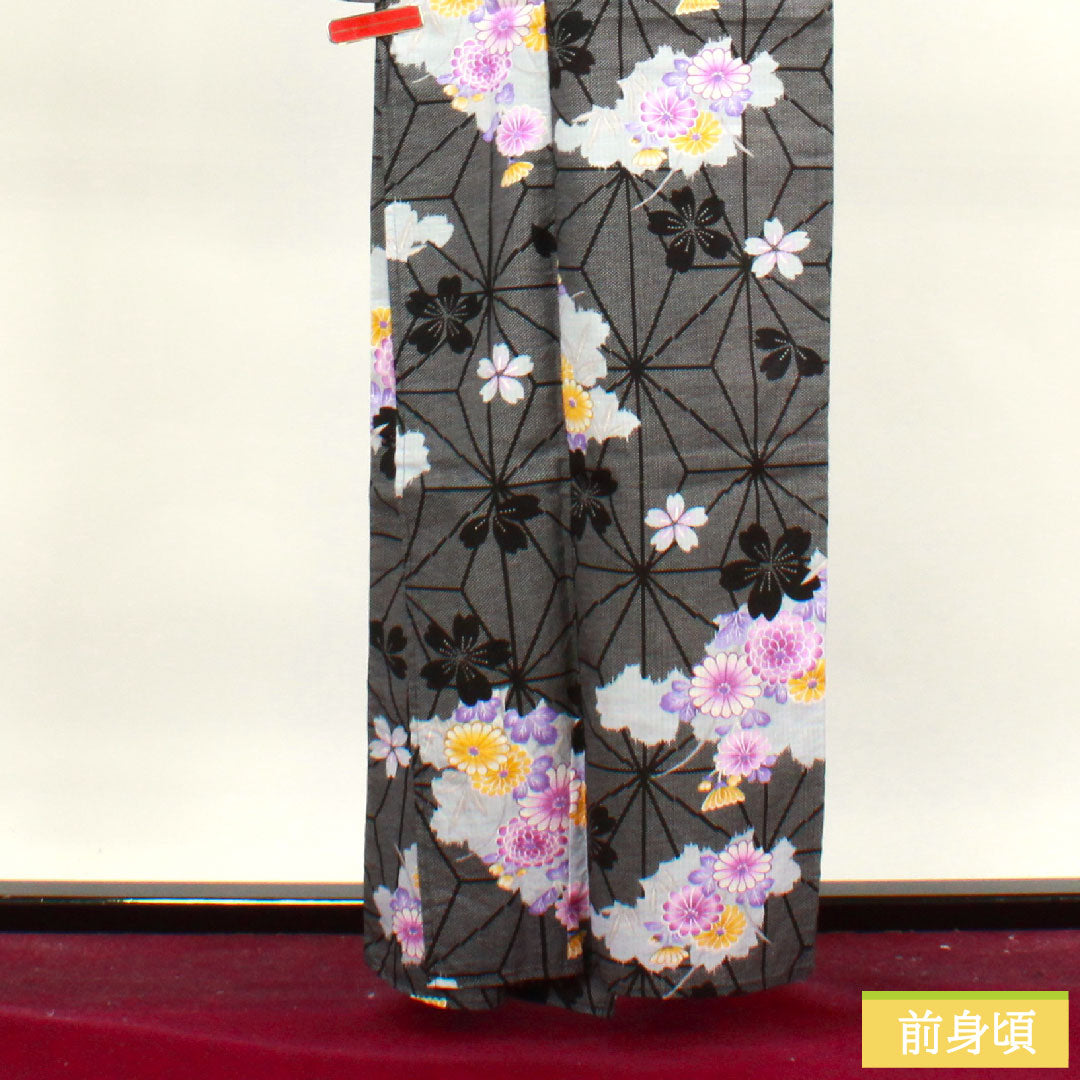 浴衣 木綿 身丈160cm 裄丈64cm Sランク 単衣 黒系 麻の葉 菊 桜 1118004532410