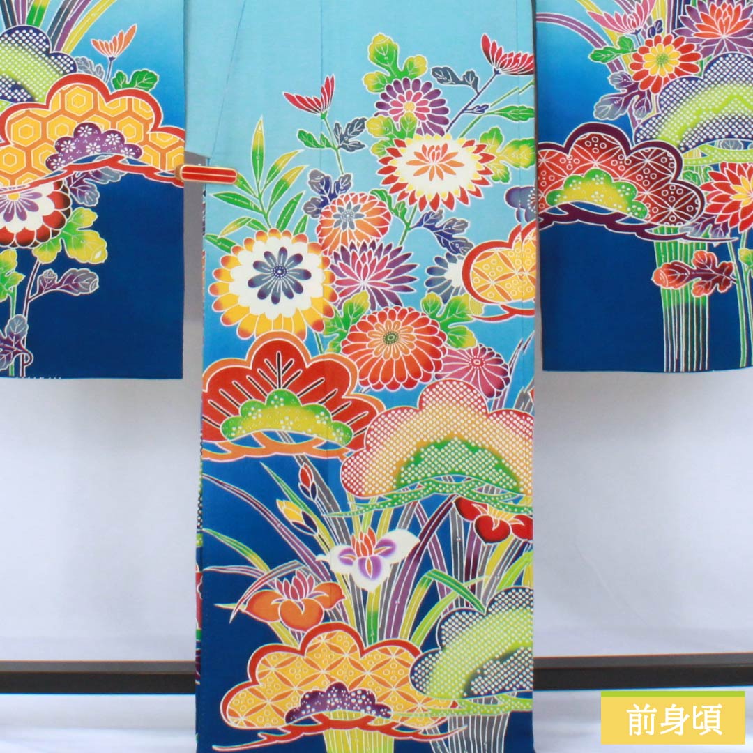 振袖 正絹 Aランク 身丈166.5cm 裄丈64.5cm 袷 水色(みずいろ) 京紅型 ちりめん地 吉祥文様 梅 松 水色系 1113002543524