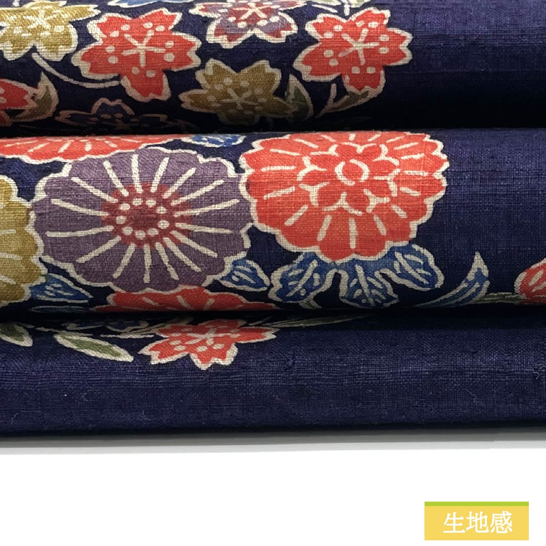 名古屋帯 正絹 Sランク 金青色(きんせいいろ) 型染 花丸紋 紅葉 帯丈378cm 全通 カジュアル 紺系 1124009732318 名古屋仕立て