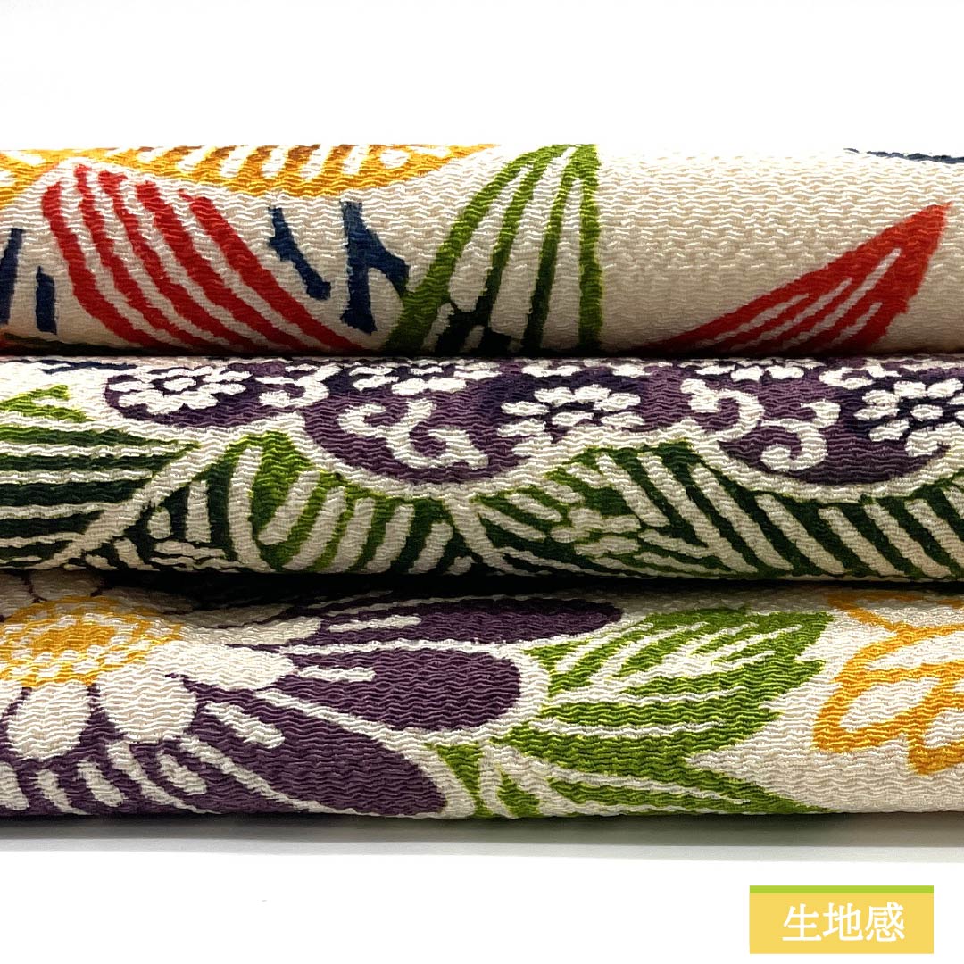 名古屋帯 京緋色(きょうひいろ) 京紅型 ちりめん地 菊 帯丈353cm 正絹 Sランク 全通 カジュアル 橙系 1124007632326 名古屋仕立て