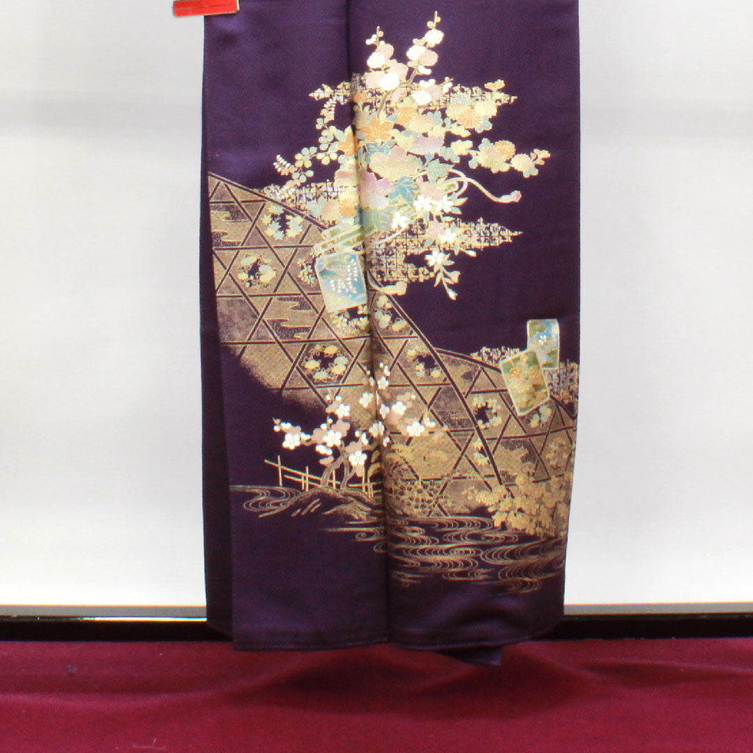 訪問着 正絹 袷 身丈155cm 裄丈68cm 深紫色 金彩加工 しつけ糸付き 吉祥文様 Sランク 紫系 1112003192320