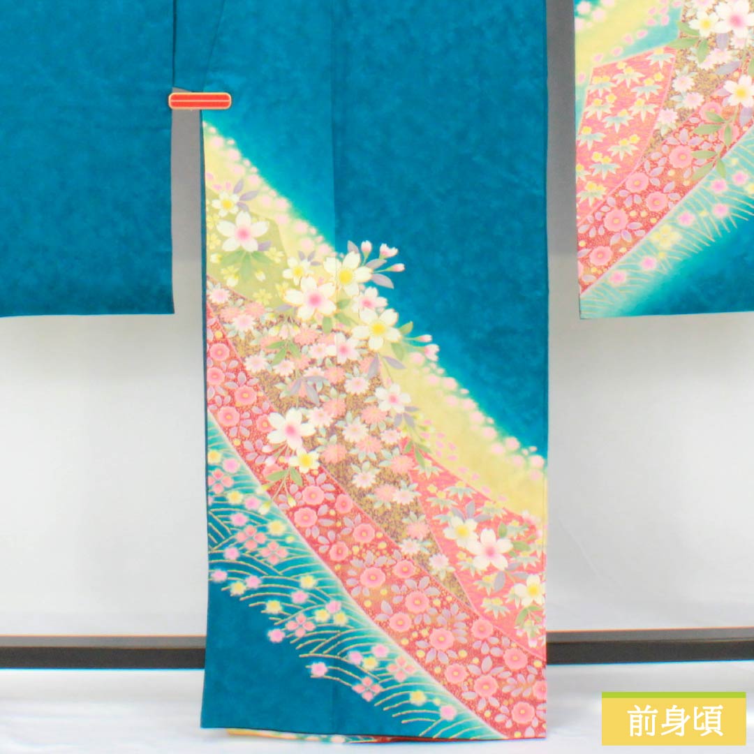 振袖 正絹 Sランク 身丈164cm 裄丈68.5cm 袷 孔雀青色(くじゃくあおいろ) 京友禅 金彩 桜 青系 1113002702417
