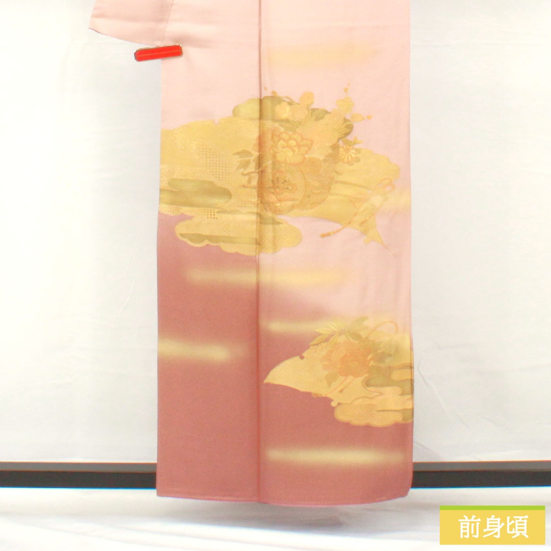 訪問着 正絹 袷 身丈156.5cm 裄丈62.5cm 今様色(いまよういろ) 京友禅 汕頭刺繡 花車 Sランク ピンク系 1112004942313
