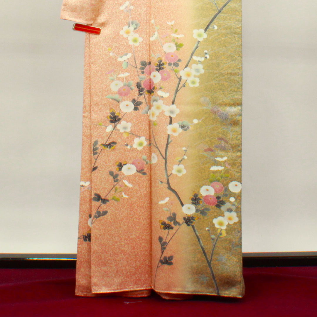 Homongi, pure silk, lined, length 163.5cm, sleeve length 64cm, vermilion, tapped dye, plum, chrysanthemum, artist's work, S rank, vermilion, 1112003252416