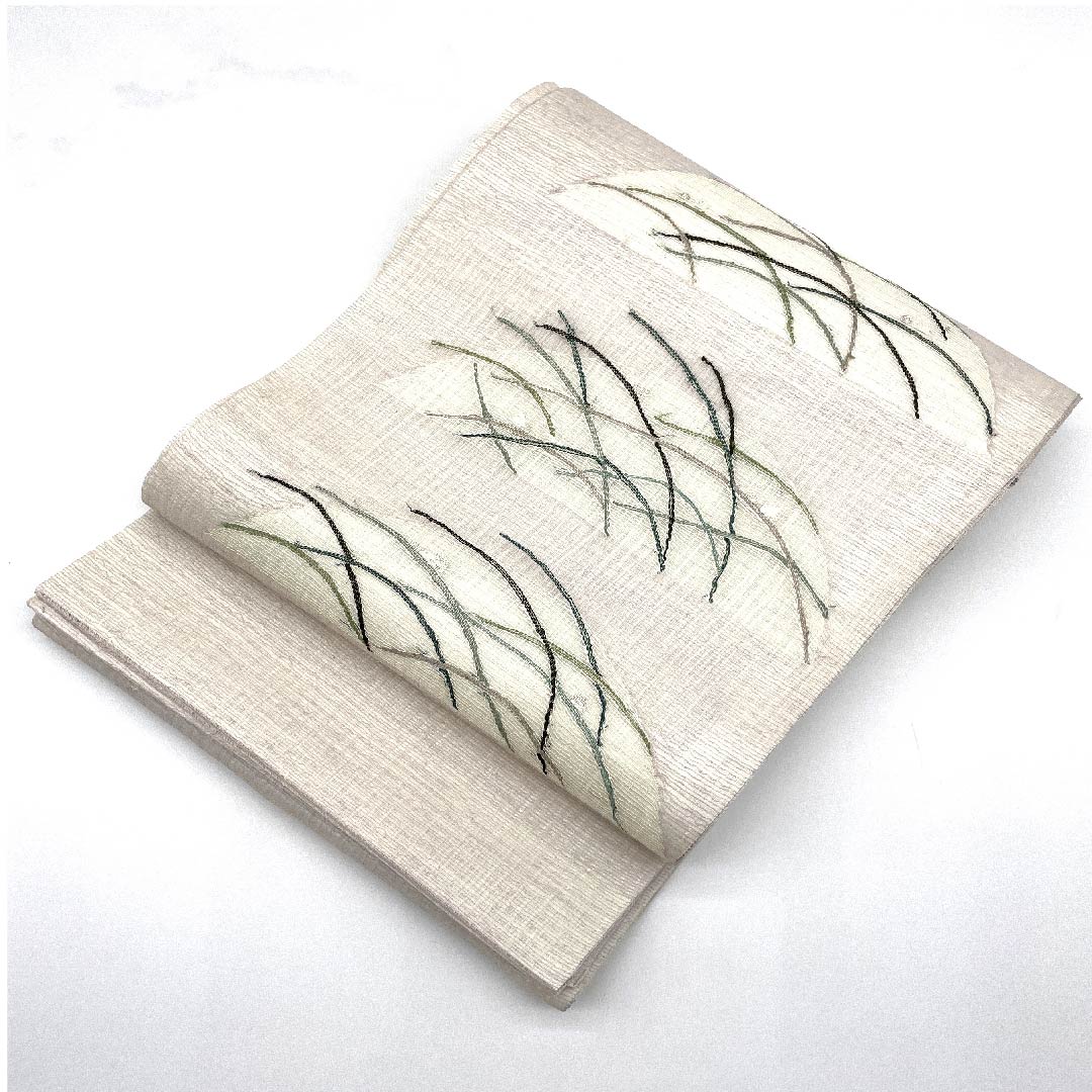 袋帯 胡粉色(ごふんいろ) 夏帯 抽象模様 リバーシブル 夏物 帯丈444cm 正絹 Sランク ポイント柄 カジュアル 白系 1123007702311