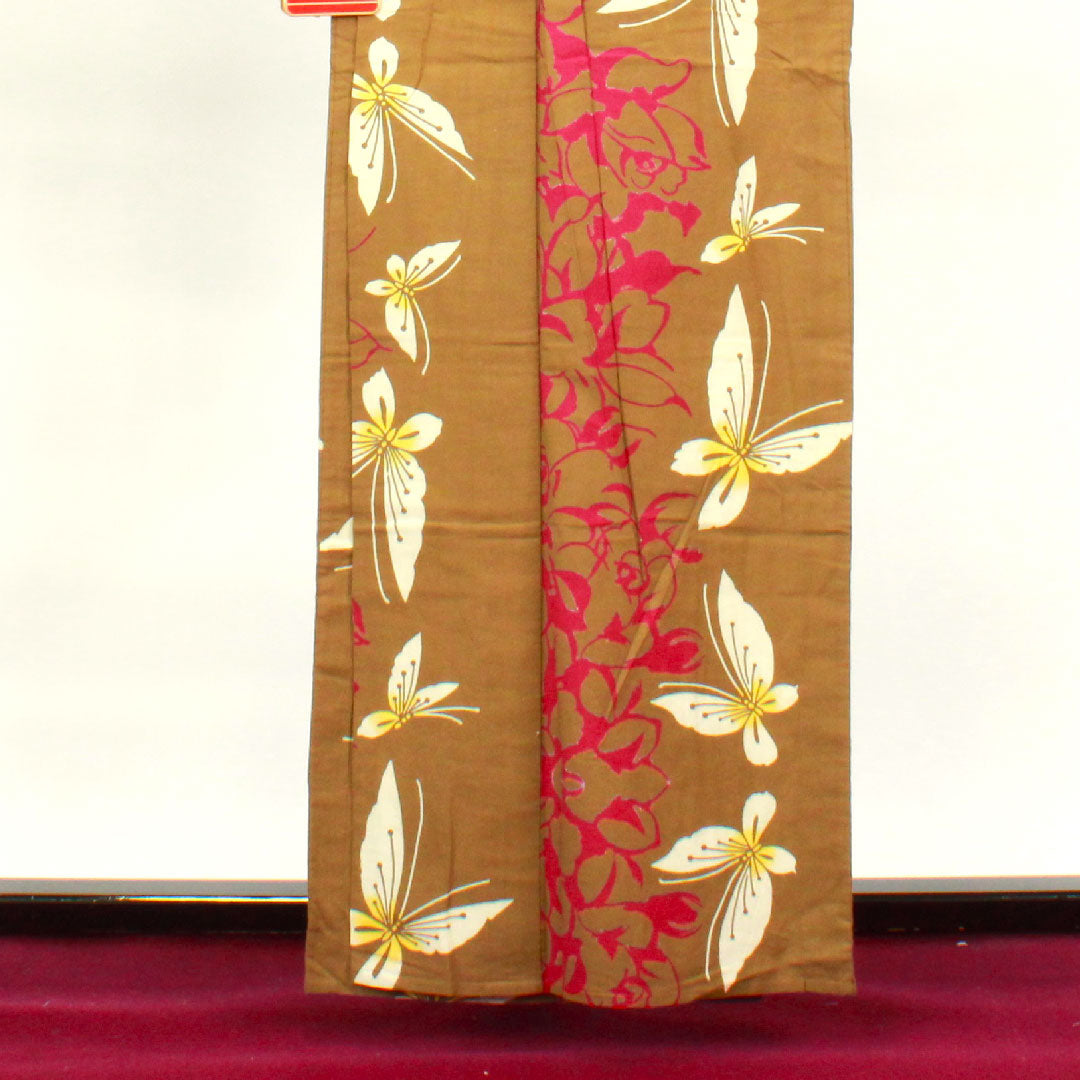 浴衣 伽羅色 蝶 薔薇 木綿 Aランク 単衣 身丈160.5cm 裄丈64.5cm 茶系 1118001743414