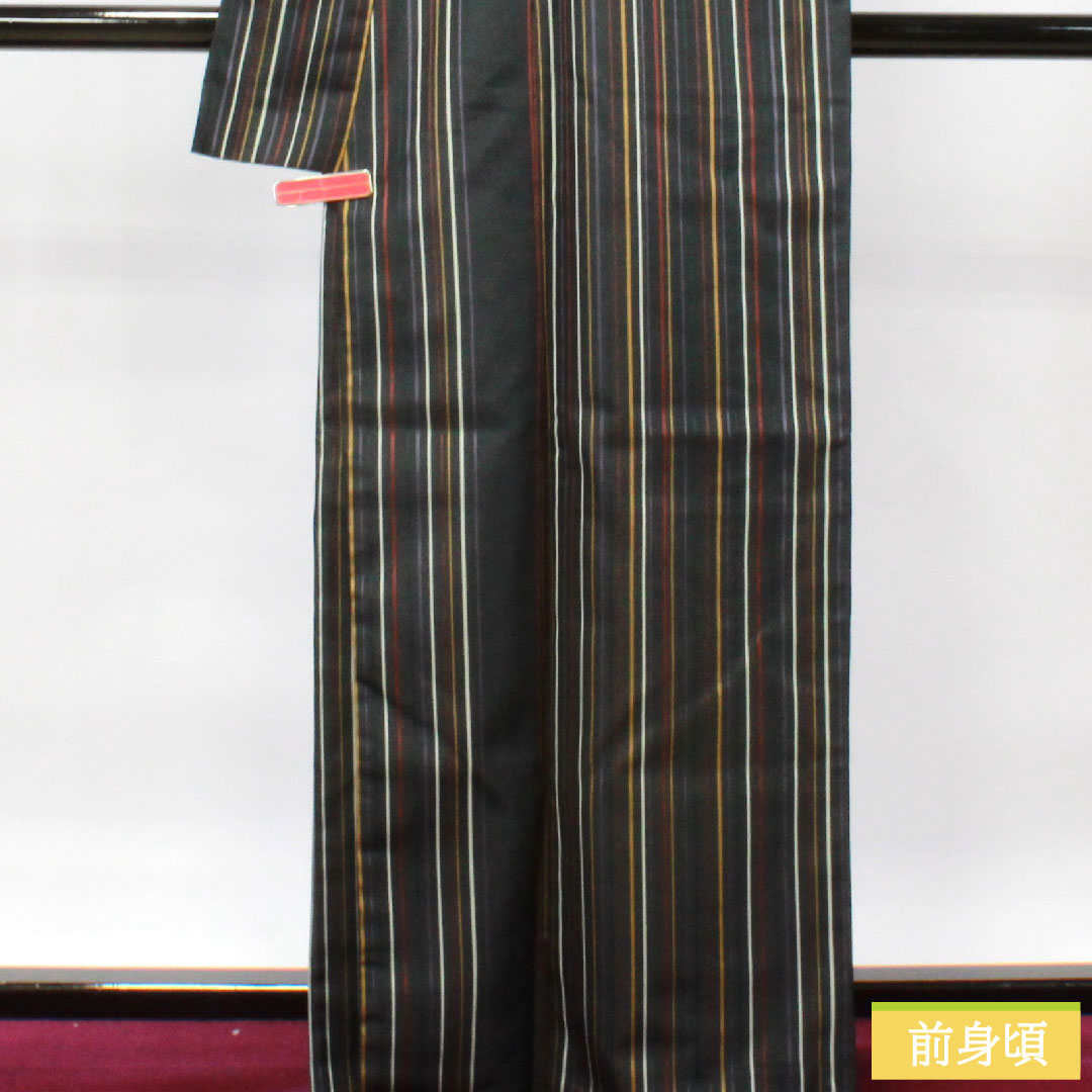 小紋 ポリエステル 身丈164.5cm 裄丈65cm 袷 洗える着物 縞模様 Sランク 黒系 1115003952410