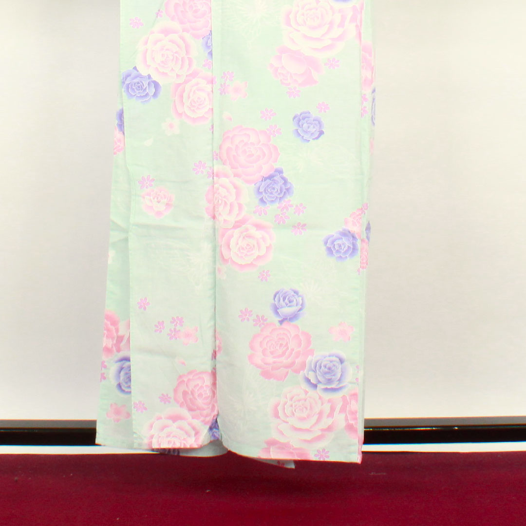 浴衣 藍白色 薔薇 桜 蝶 木綿 Aランク 単衣 身丈158.5cm 裄丈63.5cm 青系 1118001113317