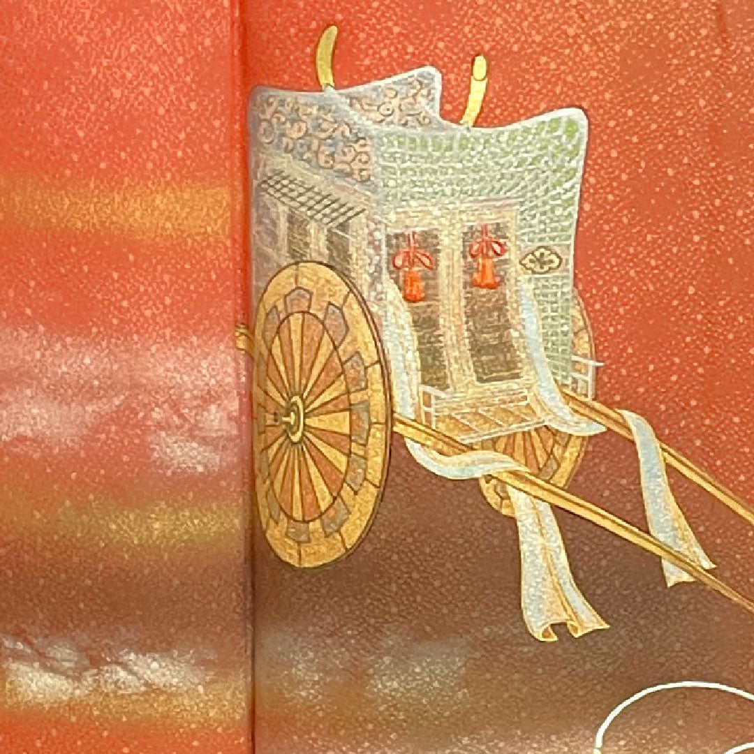 訪問着 袷 身丈161cm 裄丈63cm 中紅色 人間国宝 福田喜重 刺繍 御所車 正絹 Sランク 赤系 1112001882412