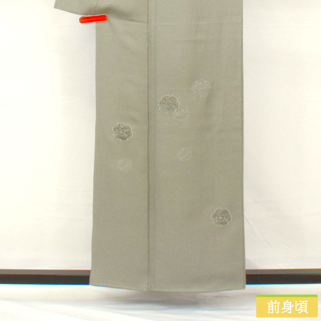訪問着 正絹 袷 身丈156cm 裄丈62.5cm 灰色(はいいろ) 汕頭刺繡 一つ紋 片喰 雪輪 椿 Sランク グレー系 1112005022322