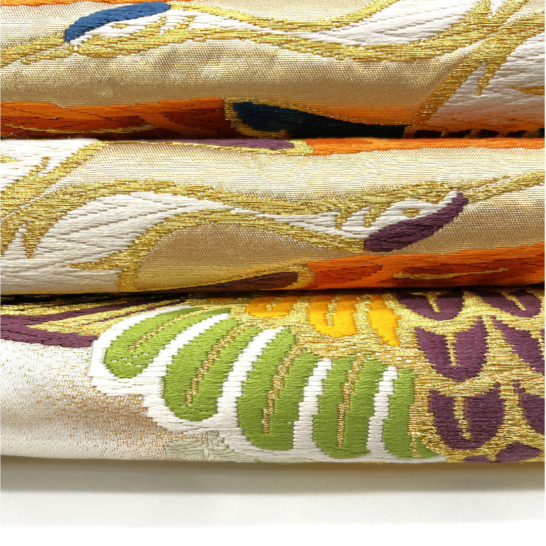 (未仕立)袋帯 向かい鶴 帯丈416cm 正絹 Aランク 六通 フォーマル 金系 1123003693321