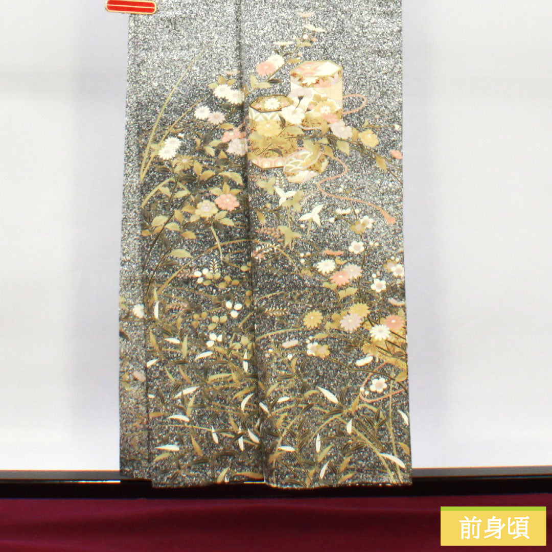 訪問着 正絹 袷 身丈155cm 裄丈62.5cm 京友禅 タタキ染 草花模様 Sランク モノトーン 1112004412327
