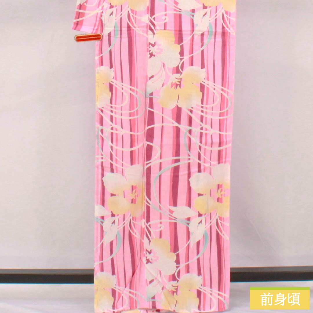 Cotton Yukata, Length 164.5cm, Sleeve Length 62.5cm, S Rank, Single Layer, Pink/Peach (Momoiro) with Hibiscus Stripes, 1118006702413