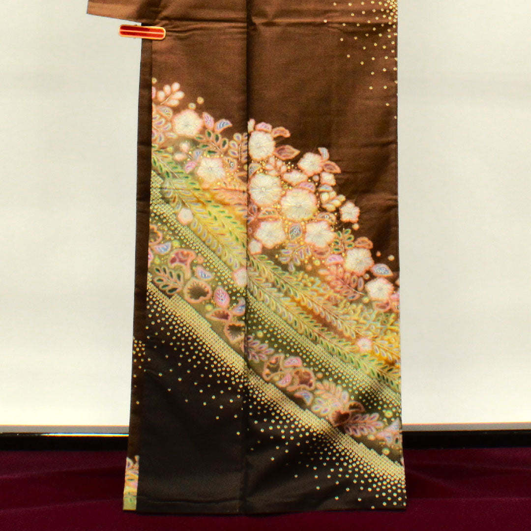 訪問着 正絹 袷 身丈165.5cm 裄丈66cm 柿兼房色 大島紬 辻ヶ花 パールトーン加工 Sランク 茶系 1112003242514