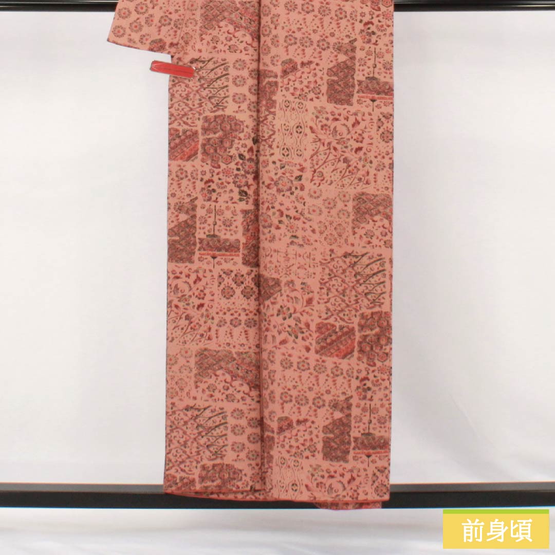 小紋 正絹 Sランク 身丈153.5cm 裄丈63.5cm 袷 緋褪色(ひさめいろ) 更紗 朱系 1115007532216