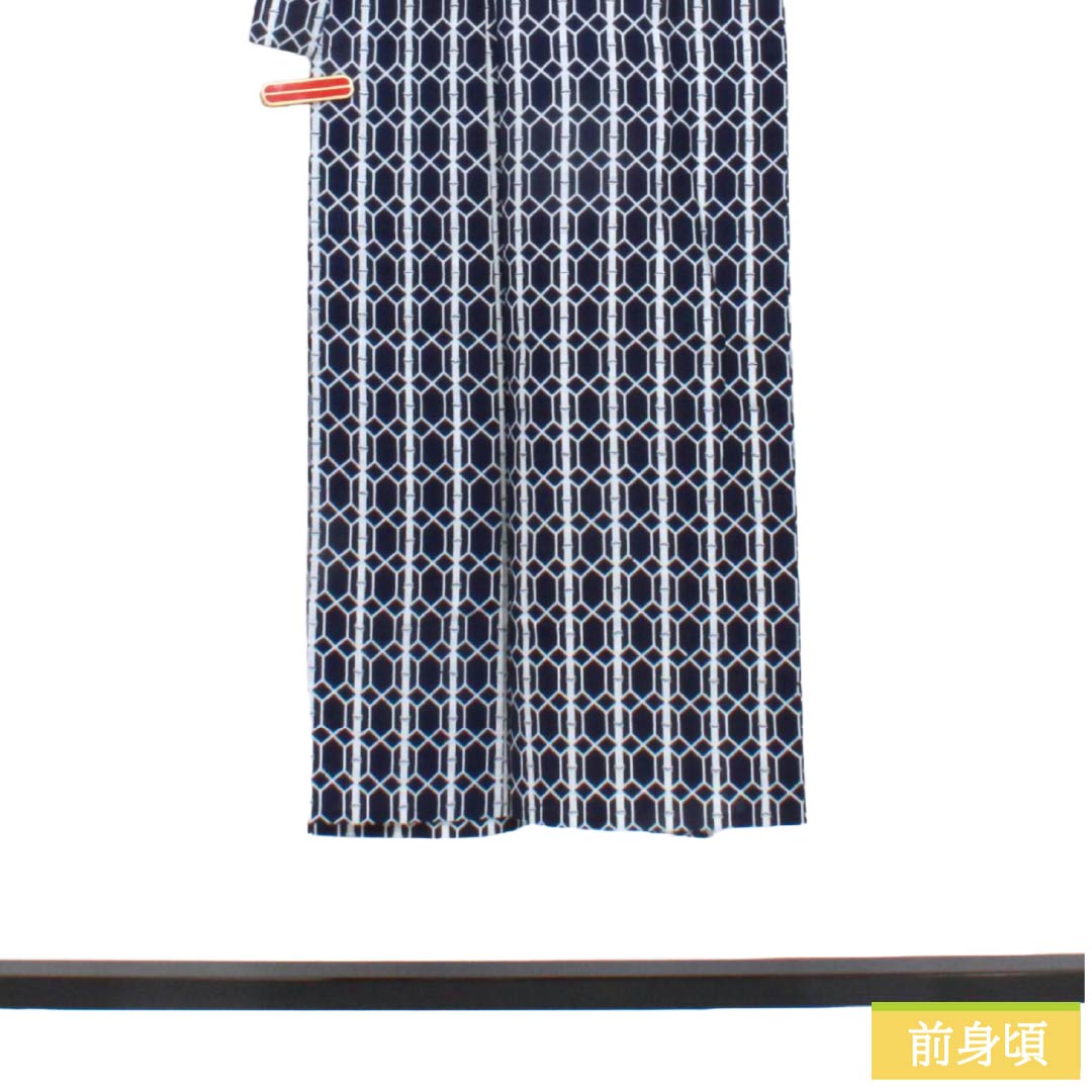 メンズ浴衣 木綿 Sランク 身丈141cm 裄丈66cm 濃紺色(のうこんいろ) 竹 亀甲 単衣 紺系 1138000962418