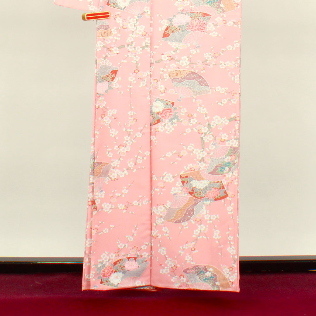 小紋 身丈161cm 裄丈64.5cm 袷 一重梅色 洗える着物 しつけ糸付き 未使用品 扇 梅 ポリエステル Sランク ピンク系 1115003312413