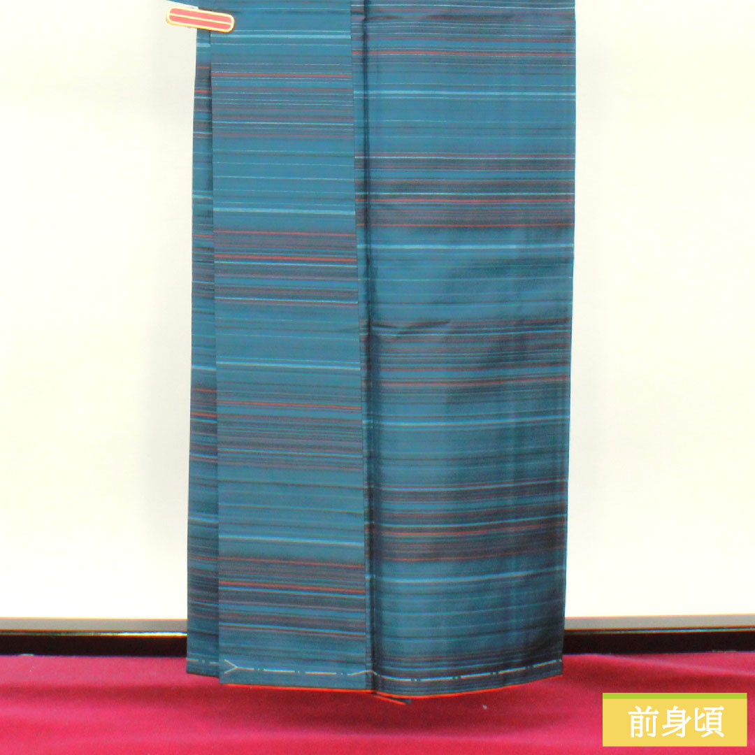 紬 正絹 身丈160cm 裄丈66cm 熨斗目花色(のしめはないろ) 縞大島 しつけ糸付き Aランク 袷 青系 1116003643417
