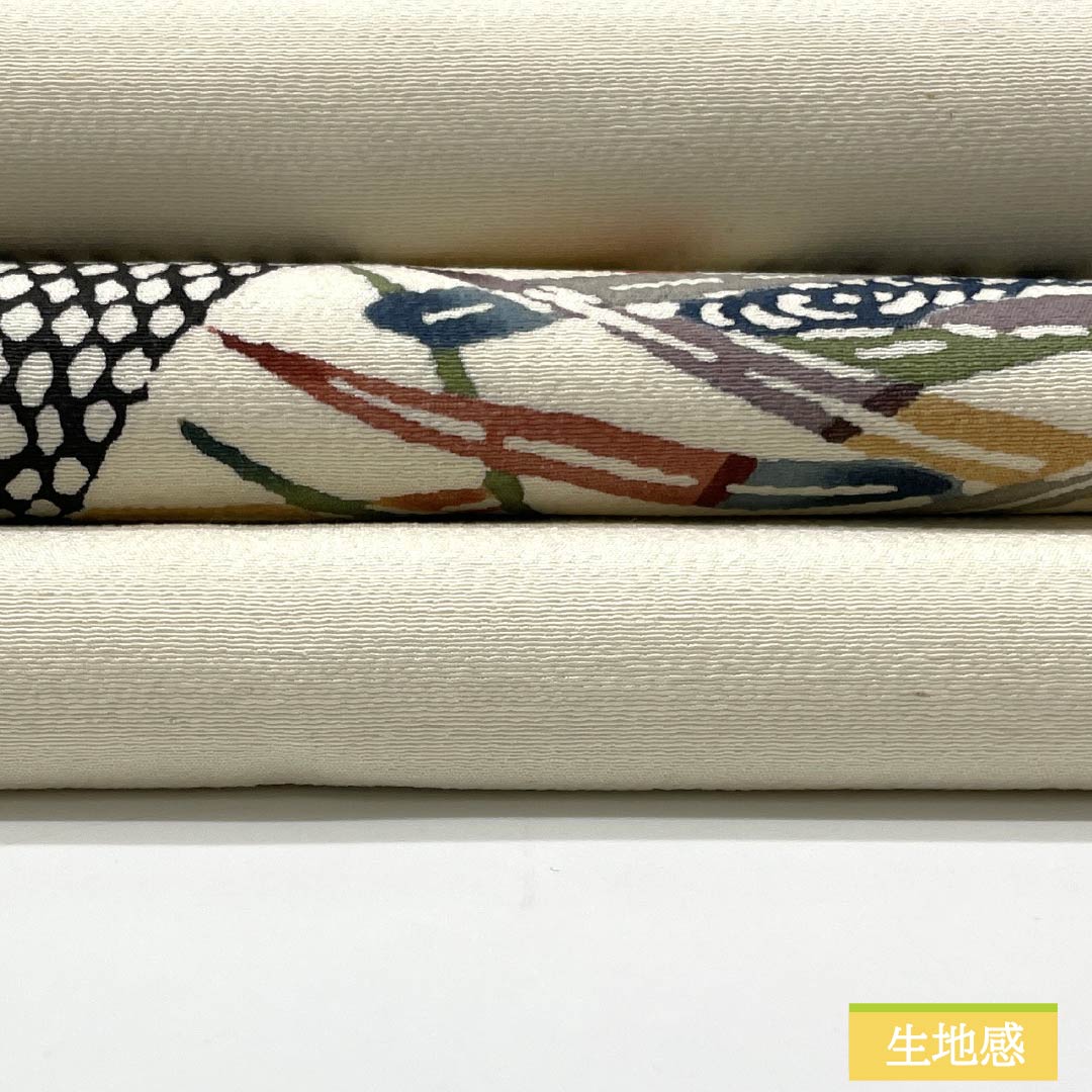 名古屋帯 乳白色色(にゅうはくしょくいろ) 京紅型 風景模様 鳥 帯丈360cm 正絹 Sランク ポイント柄 カジュアル クリーム系 1124007242315 名古屋仕立て