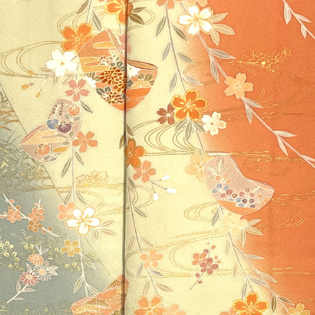 訪問着 袷 身丈145cm 裄丈63cm 珊瑚色 京友禅 桜 流水 正絹 Aランク 朱系 1112002053116