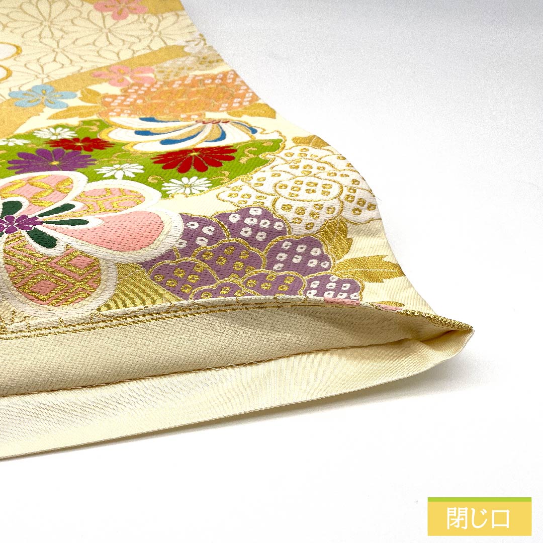袋帯 正絹 生成り色(きなりいろ) 梅 菊 七宝 花唐草 帯丈434cm Sランク 六通 フォーマル クリーム系 1123011712315