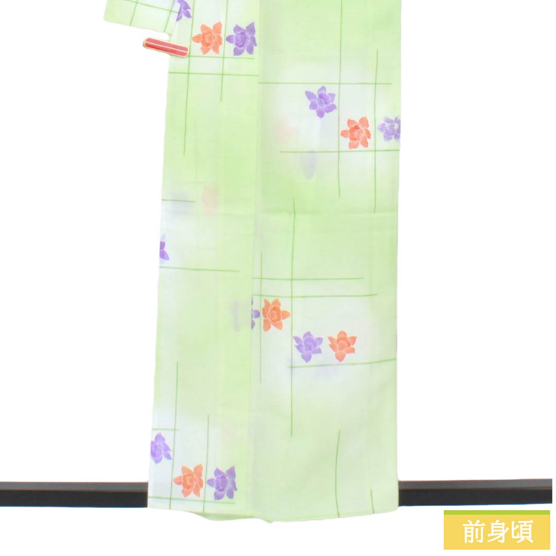 夏物 ポリエステル 小紋 Aランク 身丈158cm 裄丈62cm 黄緑色 竹垣 花柄 洗える着物 絽 緑系 1132005413319