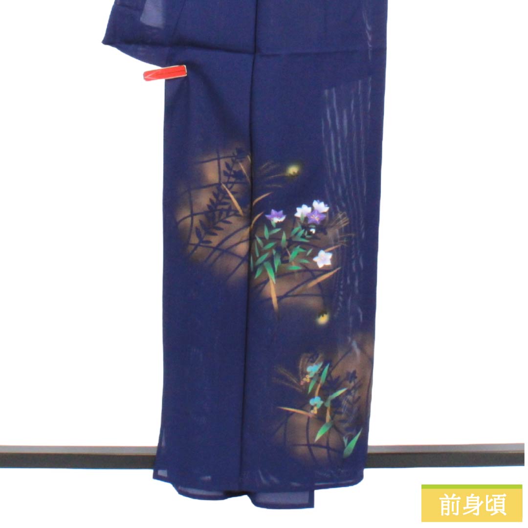 夏物 正絹 訪問着 Aランク 身丈158.5cm 裄丈62.5cm 濃桔梗色(こいききょういろ) 付下げ 秋草模様 蛍 絽 紺系 1132004703318