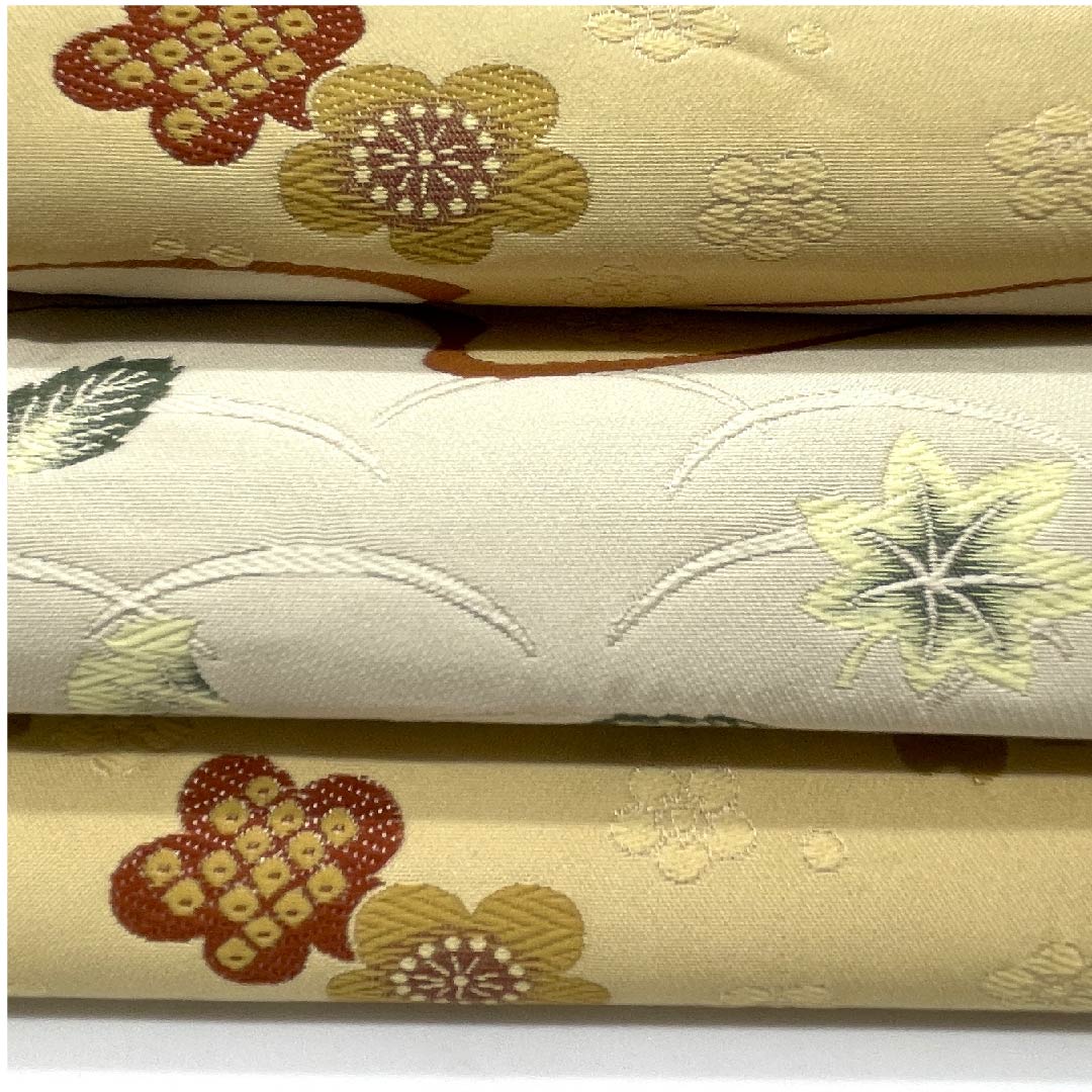 名古屋帯 京袋帯 生成り色 横段 芝草 桜 梅 紅葉 帯丈378cm ポリ Aランク 六通 セミフォーマル クリーム系 1124003483315 開き仕立て